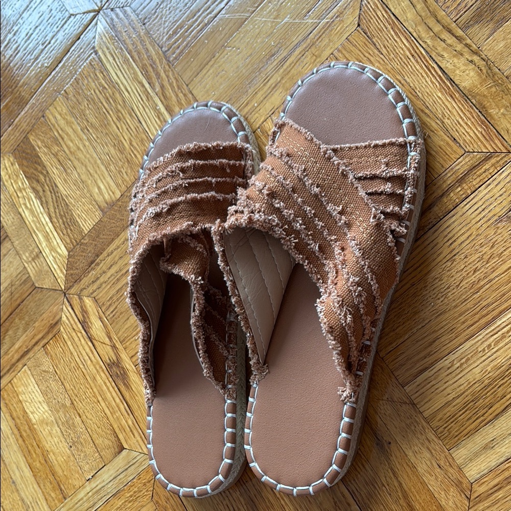Fringed Brown Slide Sandals